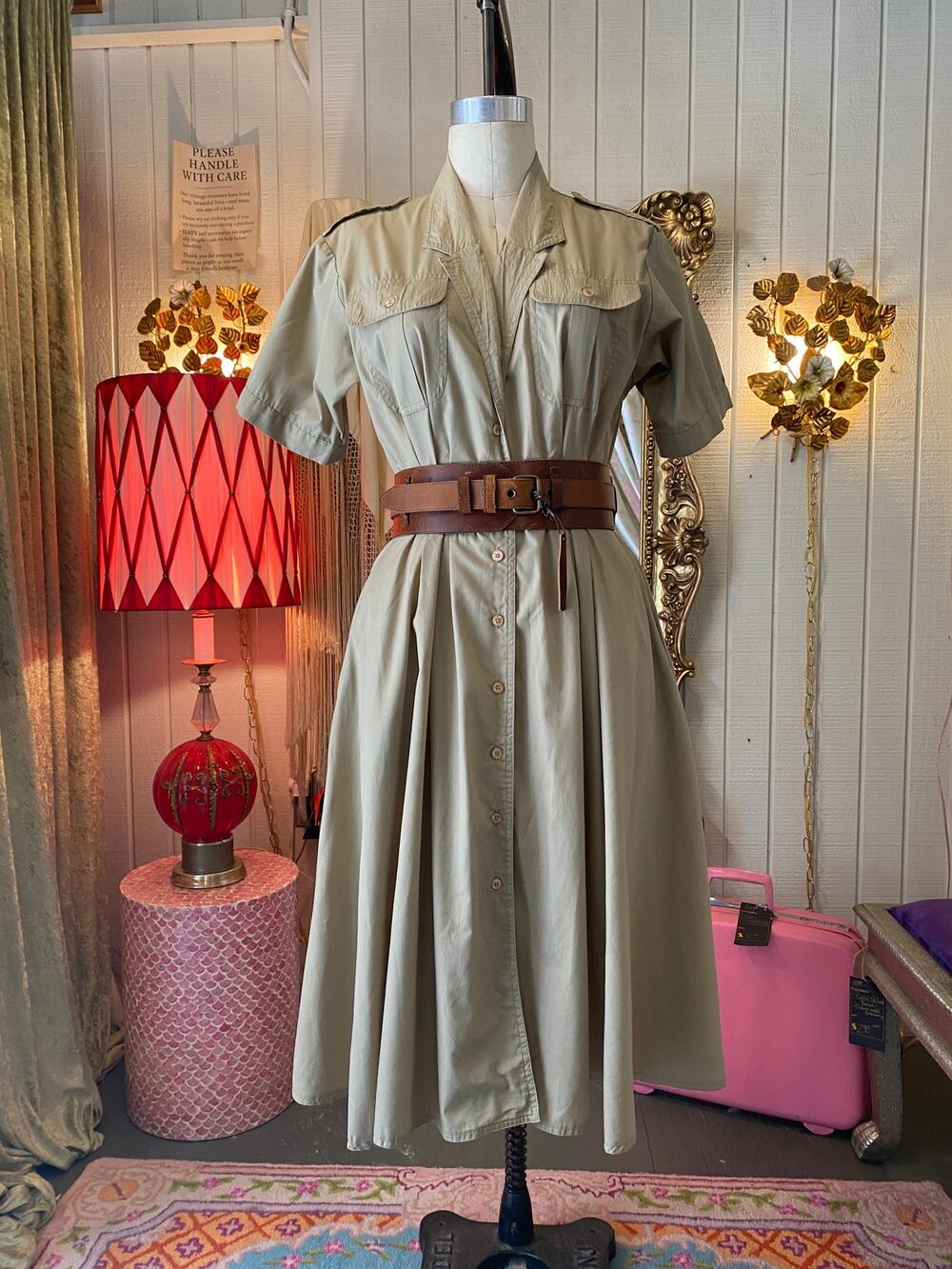 vintage 1980s khaki cotton fit and flare dress, 80s safari fashion. full skirt m